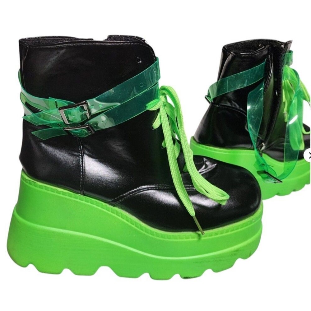 Demonia 'Shaker-52' Ankle Boots Black UV Neon Green Size 7 Alternative Goth Rave
